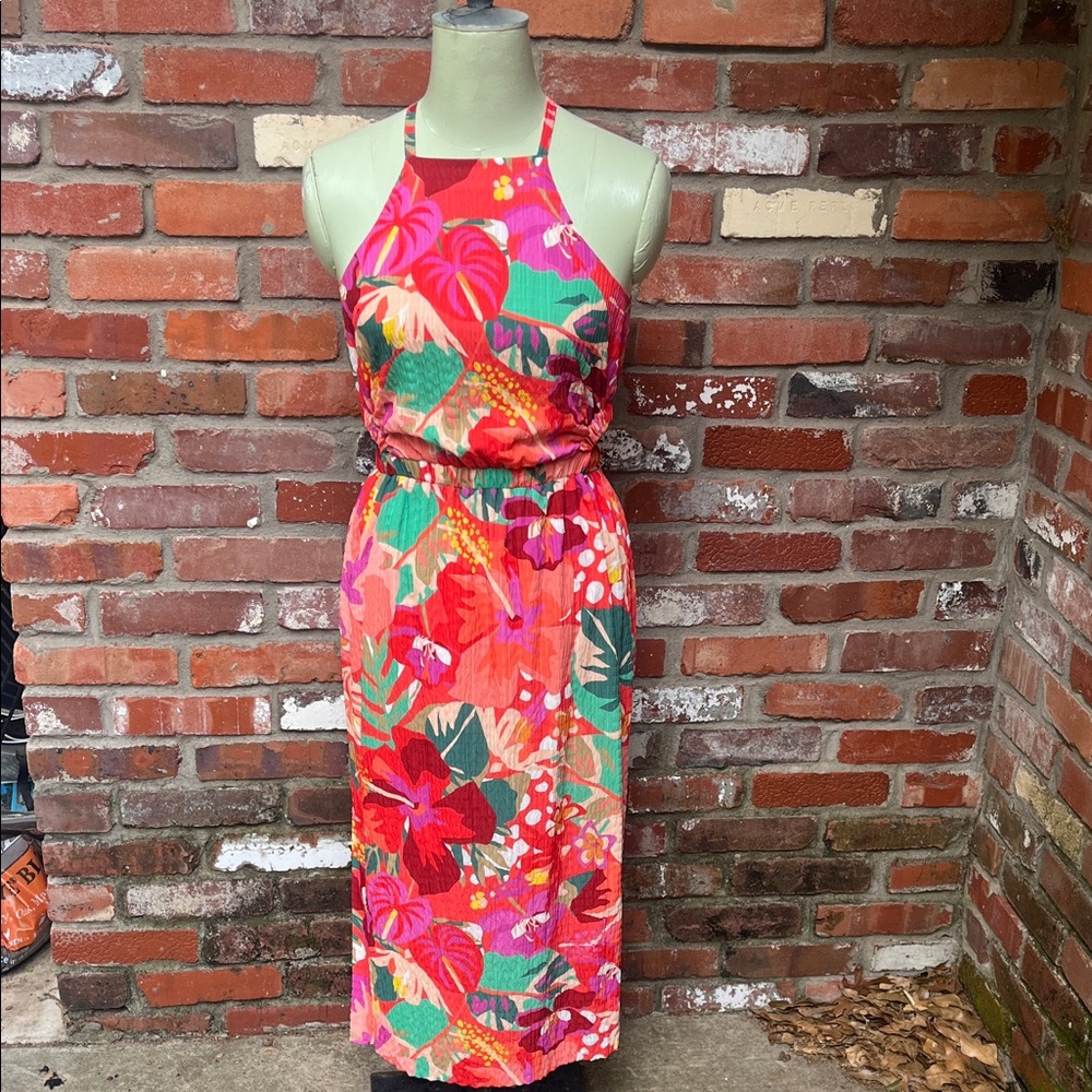 Antonio Melani Bright Floral Halter Dress w/ side cutouts and front slit size 0